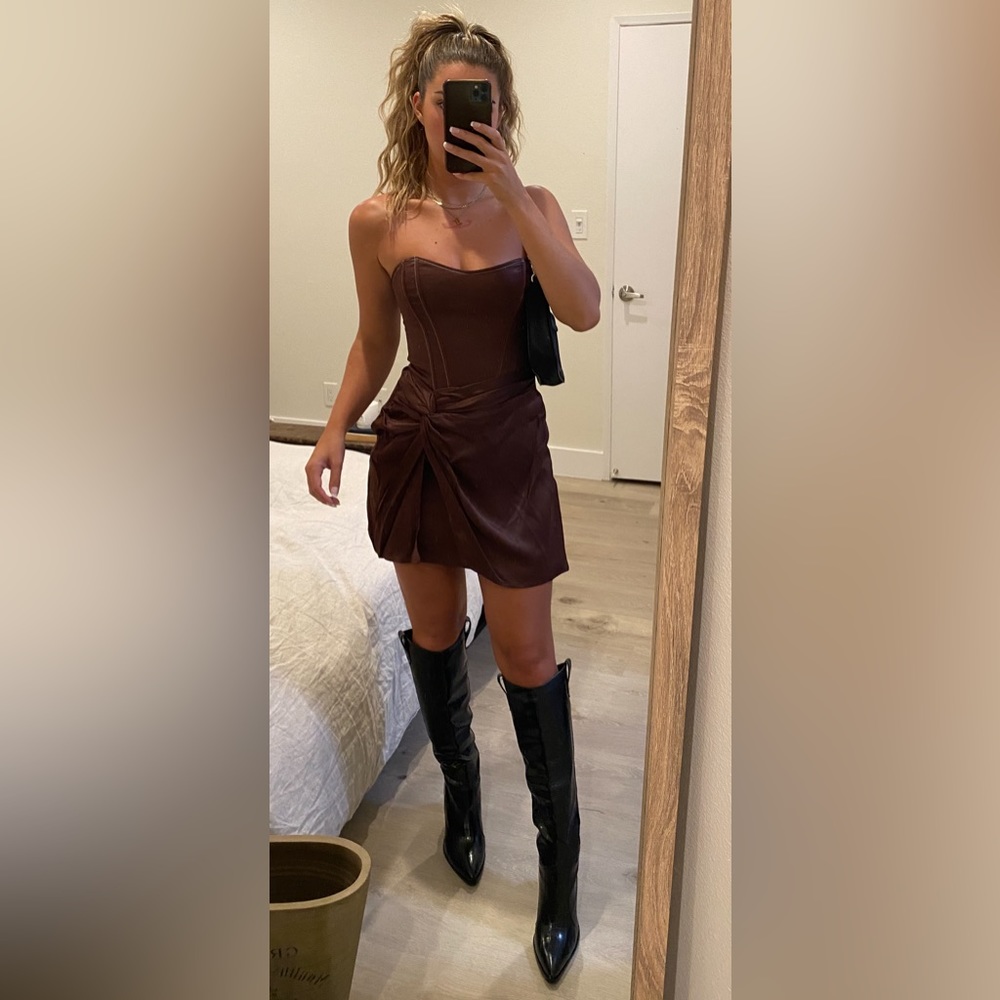 brown silk strapless dress